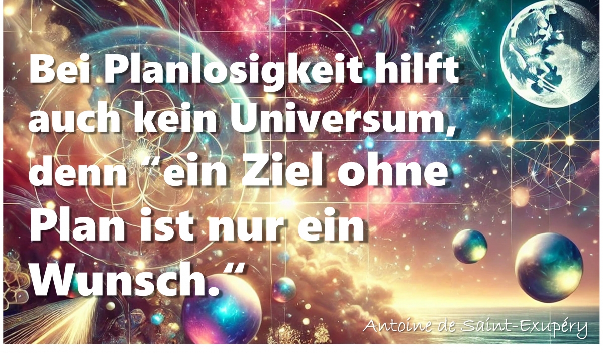 Bild 3: Zeigt abstrakte Planeten eines fiktiven Universums mit dem alternativen Glaubenssatz „Bei Planlosigkeit hilft auch kein Universum, denn ein Ziel ohne Plan ist nur ein Wunsch