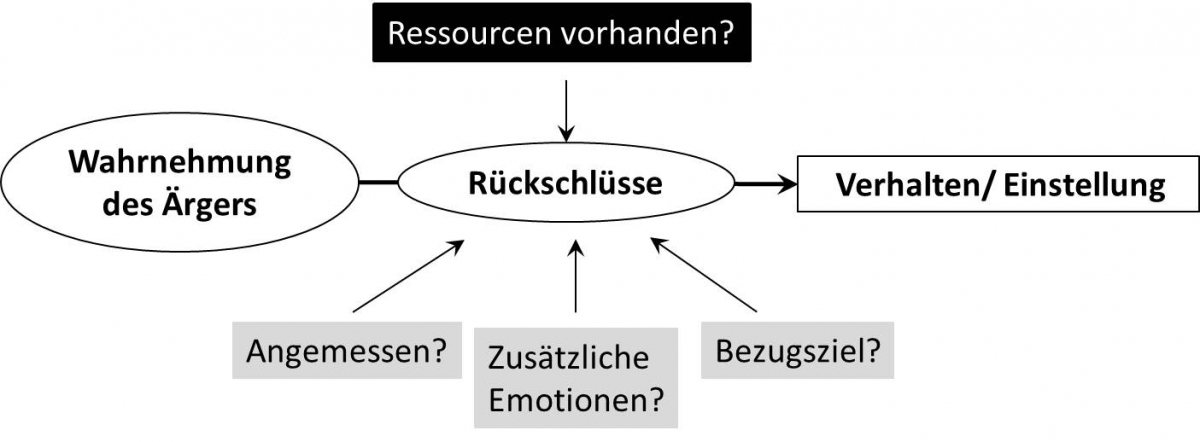 Wie beeinflusst Ärger den Interaktionspartner? Nach seiner Wahrnehmung können Rückschlüsse auf die Ursache gezogen werden, die sich gegebenenfalls auf das Verhalten oder die Einstellung des Interaktionspartners auswirken. Hierzu müssen ausreichend Ressourcen vorhanden sein. Die Bewertung, ob Ärger in einer Situation angemessen erscheint, das Bezugsziel des Ärgers und mögliche weitere Emotionen – so wie Hass oder Verachtung – können Rückschlüsse entscheidend beeinflussen. Wie beeinflusst Ärger den Interaktionspartner? Nach seiner Wahrnehmung können Rückschlüsse auf die Ursache gezogen werden, die sich gegebenenfalls auf das Verhalten oder die Einstellung des Interaktionspartners auswirken. Hierzu müssen ausreichend Ressourcen vorhanden sein. Die Bewertung, ob Ärger in einer Situation angemessen erscheint, das Bezugsziel des Ärgers und mögliche weitere Emotionen – so wie Hass oder Verachtung – können Rückschlüsse entscheidend beeinflussen.