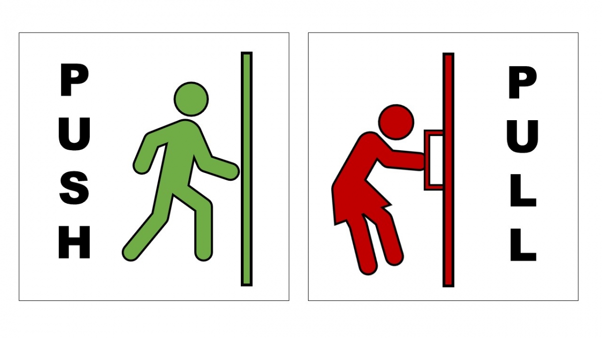 Bild 3: Unser Alltag ist voll von beständigen Verbindungen zwischen Reizen und Reaktionen: Im angloamerikanischen Raum signalisieren Türgriffe eine „Ziehen“ Reaktion; fehlende Türgriffe signalisieren eine „Drücken“ Reaktion.