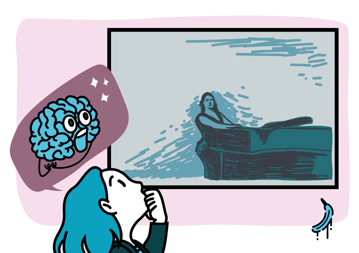 Bild 1:Die Betrachtung von Thomas Wilmer Dewings „Das Klavier“ (mit Referenz zu Thomas Baumgärtels Spraybanane)