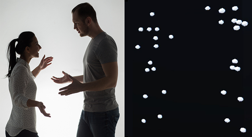 Bild 1: Darstellung emotionaler Interaktionen als Pointlight. Die linke Abbildung zeigt die Interaktion zweier Personen in Form von Foto- bzw. Videomaterial. Die rechte Abbildung zeigt die Interaktion in Form von Pointlight-Darstellungen.