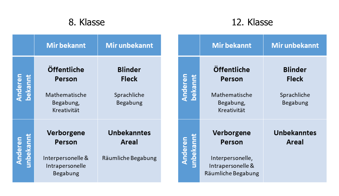 Bild 2: Die Einordnung unterschiedlicher Begabungsbereiche ins Johari-Fenster basierend auf Neubauer, Pribil, Wallner, und Hofer (2018). Bild 2: Die Einordnung unterschiedlicher Begabungsbereiche ins Johari-Fenster basierend auf Neubauer, Pribil, Wallner, und Hofer (2018).
