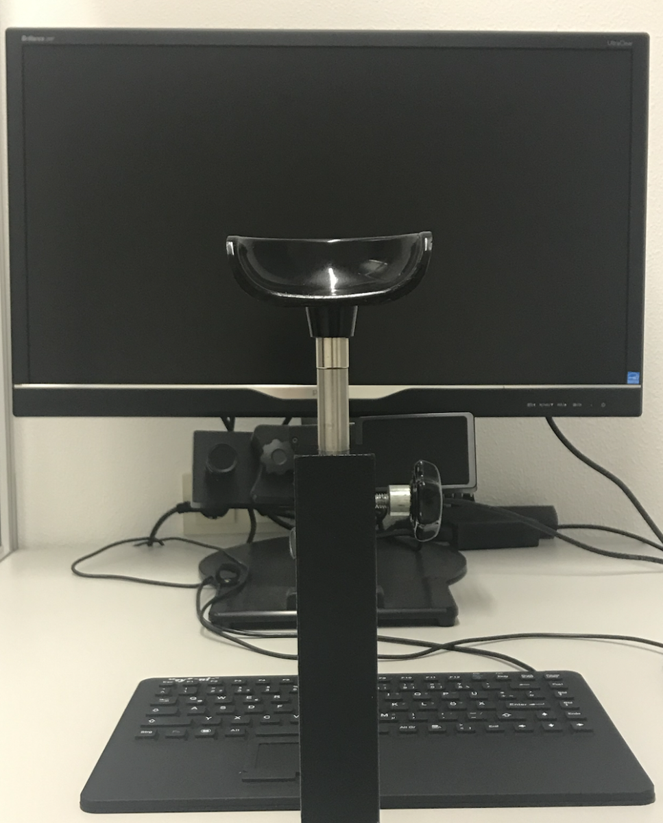 Bild 2: Typisches Laborsetup. ProbandInnen betrachten die Experimente auf einem Computerbildschirm. Der Kopf liegt dabei auf einer Kinnstütze (Vordergrund). Hierbei werden die Bewegungen der Augen durch zeitlich hochauflösende Kameras (Eye-Tracker, unter dem Bildschirm) aufgezeichnet.