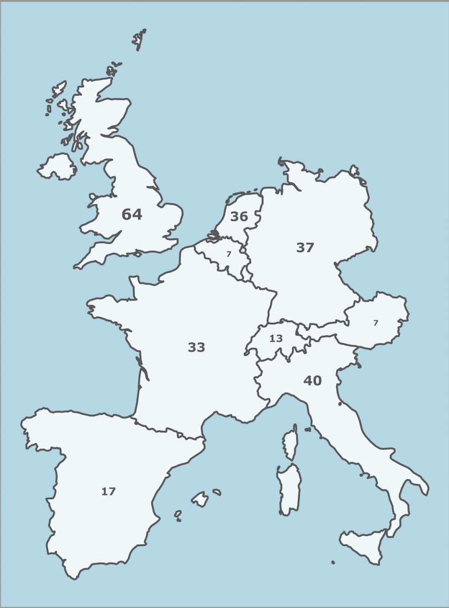 Bild 3: Karte der Nachbarländer Frankreichs und deren Gesamtzahl an Medaillen in Tokio 2020.
