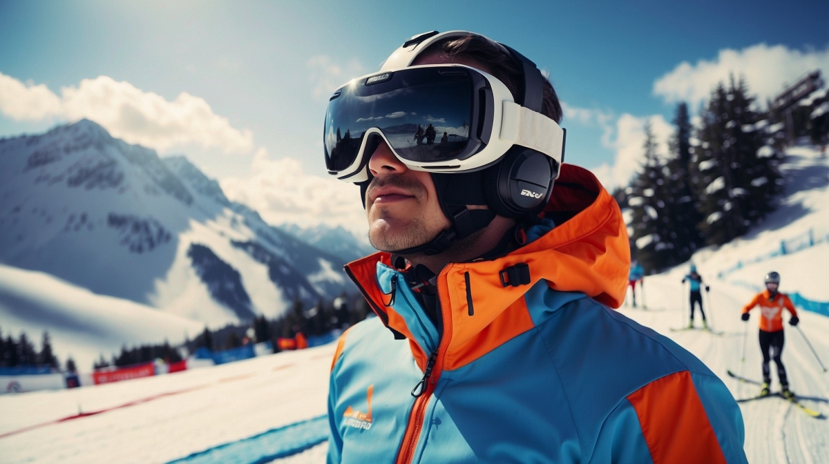 Abbildung 2: Ein alpiner Skifahrer nutzt Virtual Reality auf der Piste (KI-generiert). Abbildung 2: Ein alpiner Skifahrer nutzt Virtual Reality auf der Piste (KI-generiert).